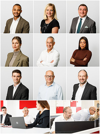 a collage of 9 headshots from a SME, a mix of men and women in relaxed and formal business attire taken on a studio backdrop, plus two band images showing the team at work in an office - 'stock' style photography that the company can use on it's website