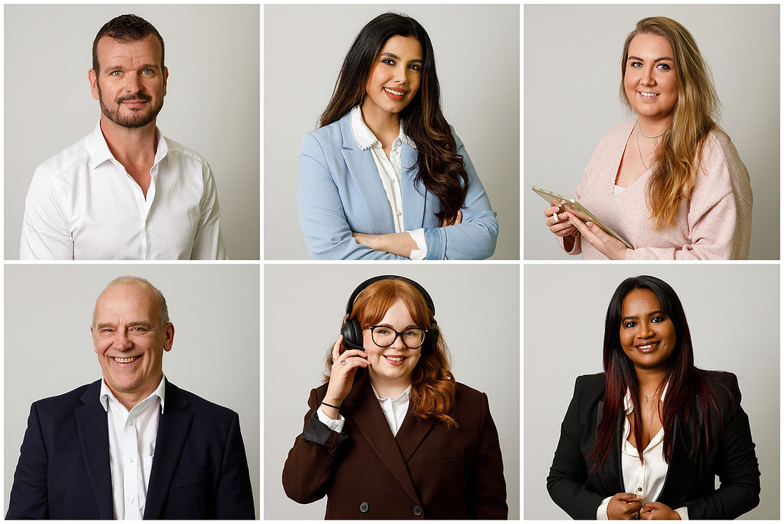 A collage of six corporate headshots, all full of peronality - smiley in the most part, some are holding things, all posed slightly differently. Two men and four women, all dressed in smart business attire.