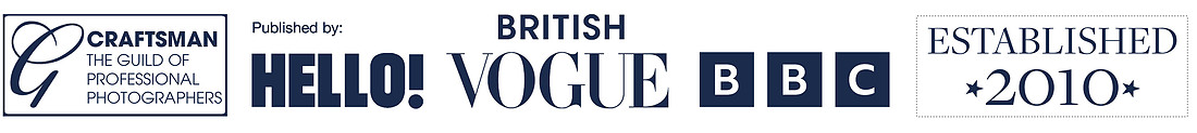 A series of badges showing Abi's experience: Craftsman with the Guild of Professional Photographers. Publishd in Hello!, British Vogue and on the BBC, and established in 2010.