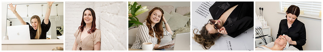 A strip of five images, all female founders. A mindset mentor, a wellbeing practitioner, feng shui consultant, business coach and beauty therapist.