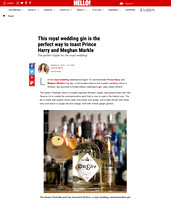 A screenshot of a news article on Hello about a gin commemorating the royal wedding in Windsor, illustrated by a photo of a gin bottle, glass and tonic