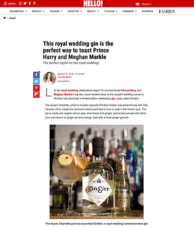 A screenshot of a news article on Hello about a gin commemorating the royal wedding in Windsor, illustrated by a photo of a gin bottle, glass and tonic