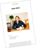 A screenshot of an email newsletter titled 'Hello 2023' with a photo of a woman smiling with a mug of tea