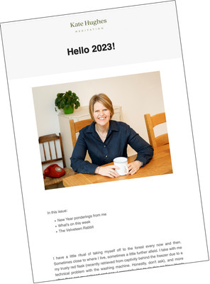 A screenshot of an email newsletter titled 'Hello 2023' with a photo of a woman smiling with a mug of tea