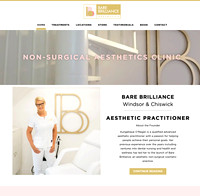 A screenshot of a website homepage for an aesthetics practitioner, featuring a professional photo of her in her clinic accompanied by text about her qualifications