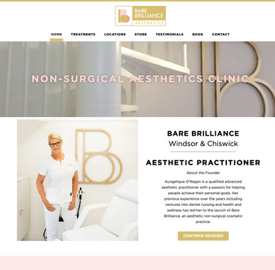 A screenshot of a website homepage for an aesthetics practitioner, featuring a professional photo of her in her clinic accompanied by text about her qualifications