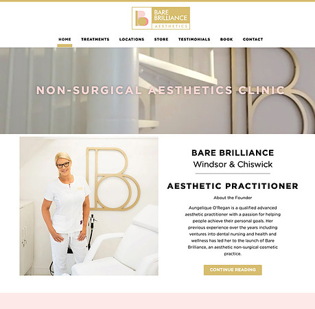 A screenshot of a website homepage for an aesthetics practitioner, featuring a professional photo of her in her clinic accompanied by text about her qualifications
