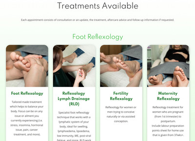 Screenshot of a webpage of Spear Wellbeing Clinic showcasing treatments offered, illustrated by Abi's branding photos