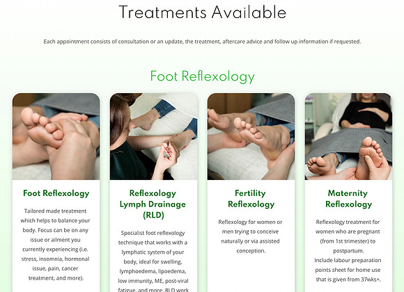 Screenshot of a webpage of Spear Wellbeing Clinic showcasing treatments offered, illustrated by Abi's branding photos