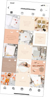 A screenshot of an Instagram grid in chequerboard layout featuring brand graphics and professional product photos of a baby journal brand