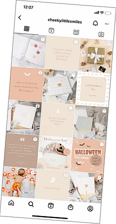 A screenshot of an Instagram grid in chequerboard layout featuring brand graphics and professional product photos of a baby journal brand