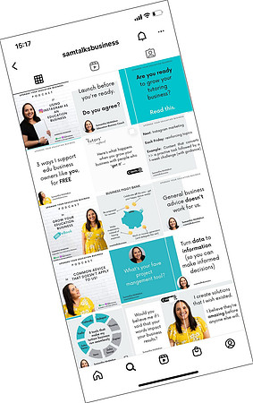 A screenshot of an Instagram grid featuring brand graphics and headshots of the business owner