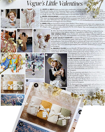 A photograph of a Vogue magazine page titled 'Vogue's Little Valentines' featuring several baby brands, including Isla & Fraser blanket photos taken by Abi
