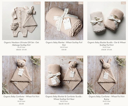 A screenshot of a listings page on the Isla & Fraser website showing six of their different product listings illustrated by Abi's photos including blankets, comforters and clothing