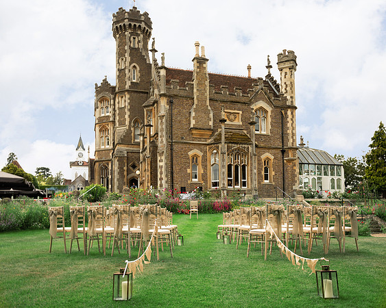 The gardens in Oakley Court set up for an outdoor wedding blessing