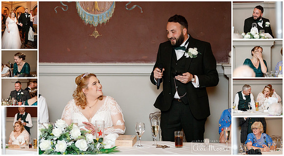 A collage of photos during the speeches at a wedding - lots of emotions, laughter and smiles
