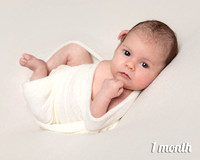 One month old baby swaddled looks straight at the camera