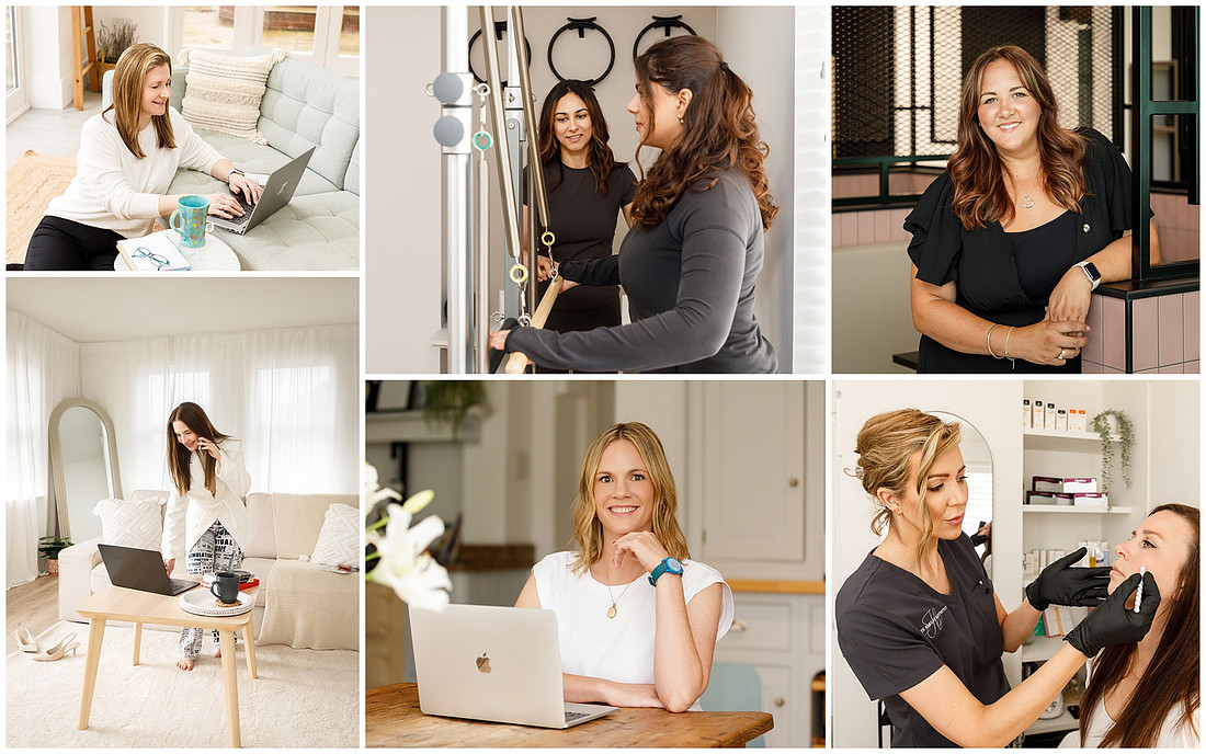 A collage of brand photography - female business owners at work, some are headshots and lifestyle images smiling at the camera, others are behin-the-scenes content showing them working at their desks as coaches, teaching pilates and an aesthetics practitioner