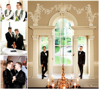 Collage of photos of two grooms through their wedding reception