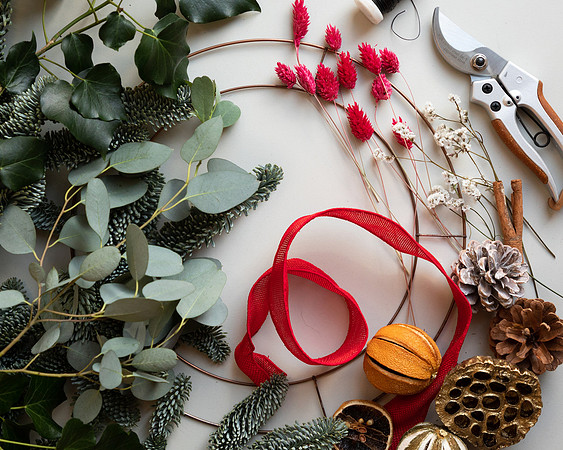 A selection of items for a wreath-making class