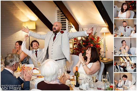 A collage of wedding photographs portraying the speeches and reactions at Macdonald Windsor Hotel