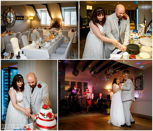 A collage of wedding photos at Macdonald Windsor hotel, including cake cutting and first dance - all natural in style