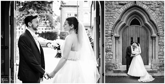 Bride & groom after their ceremony at the doors of St Edward's Church in Windsor