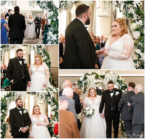 A collage of photos of a bride and groom during their wedding ceremony at De Vere Beaumont Estate Old Windsor