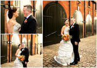A collage of photos of a bride and groom smiling by mews stable doors at Windsor Castle