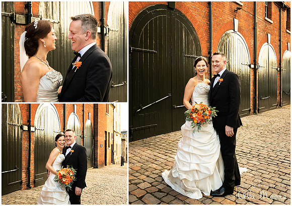 A collage of photos of a bride and groom smiling by mews stable doors at Windsor Castle