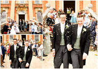 Grooms exit their wedding ceremony to showers of confetti