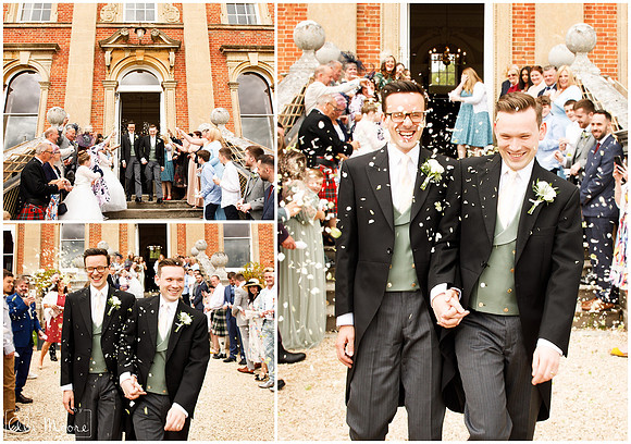 Grooms exit their wedding ceremony to showers of confetti