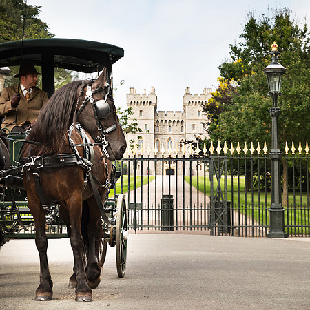 A horse and carriage photographed in front of Windsor Castle