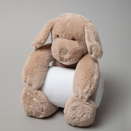 Teddy bear holding a blanket shot on a plain grey studio backdrop