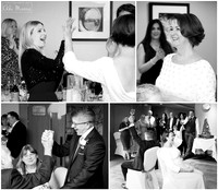 A collage of black & white photos of a bride and groom during their reception at the MacDonald Hotel in Windsor