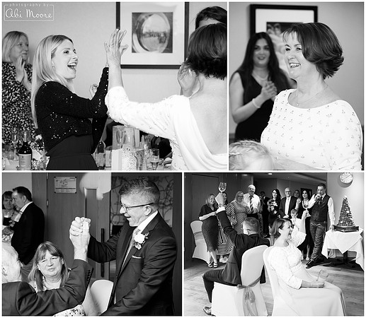 A collage of black & white photos of a bride and groom during their reception at the MacDonald Hotel in Windsor