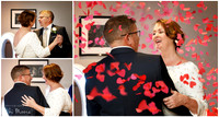 A collage of photos of a bride and groom during their first dance, all taken close-up, one with red heart confetti falling around them