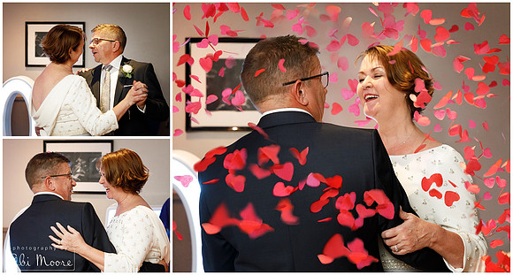 A collage of photos of a bride and groom during their first dance, all taken close-up, one with red heart confetti falling around them