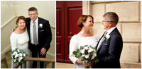 Two photos of a bride and groom - one inside and one outside Windsor Guildhall