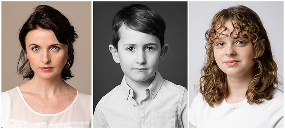 Three actor and model headshots including a female adult, child and teen girl