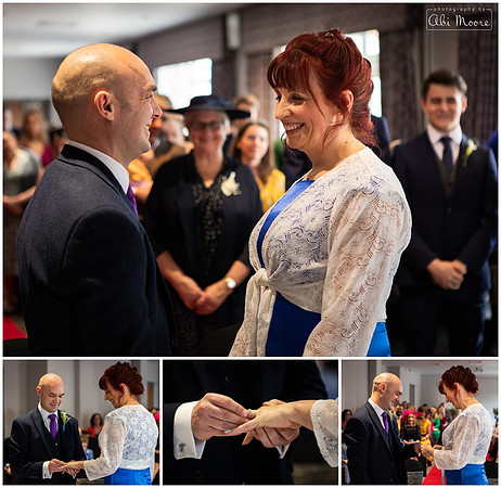 Bride and groom smile at each other and exchange rings during wedding at Berystede Ascot