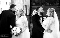 Two black & white photos of a bride and groom looking at each other smiling and laughing