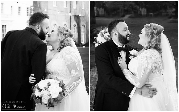 Two black & white photos of a bride and groom looking at each other smiling and laughing