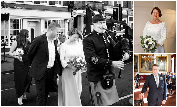 Bride being led across the road in Windsor by a piper, from the Macdonald hotel to the Windsor Guildhall