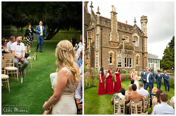 Bride awaits groom at oudoor wedding ceremony at Oakley Court Windsor