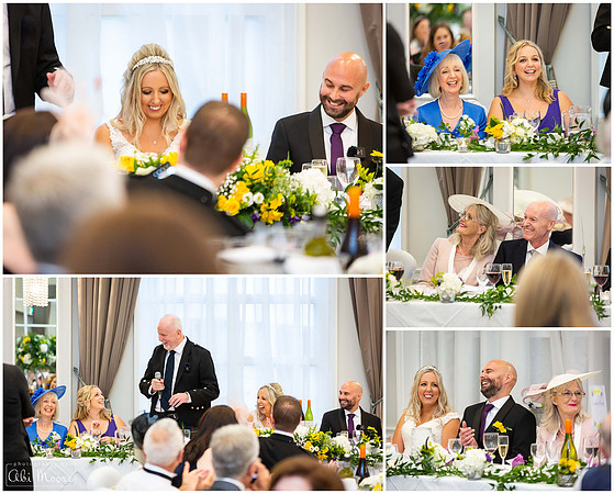 A collage of bride, groom and guest reactions to the speeches at a Castle Hotel Windsor wedding
