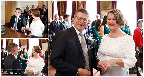 Collage of photos of bride and groom saying their vows and exchanging rings during their Windsor Guildhall wedding ceremony